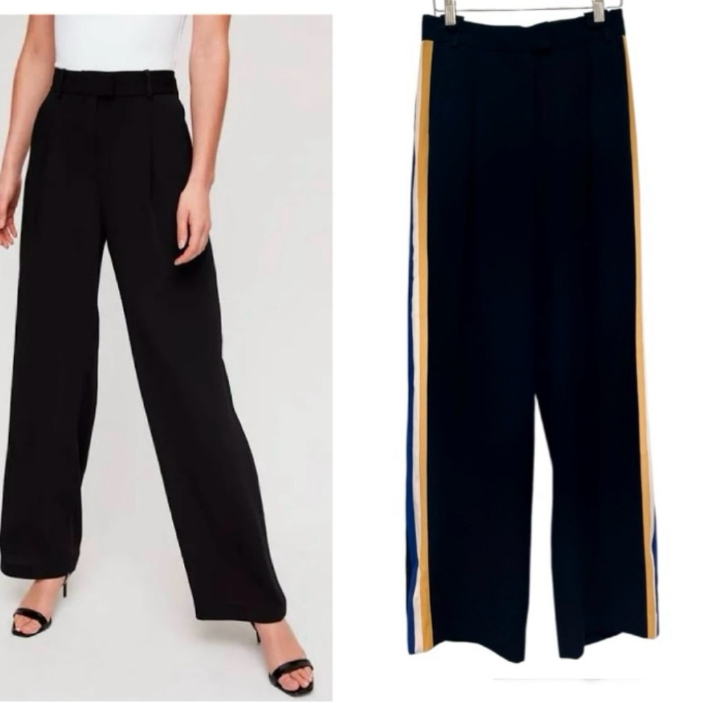 Aritzia Babaton Sadiki Black Pants Size 2 Wide Leg High Rise Pleated 3 Stripes
